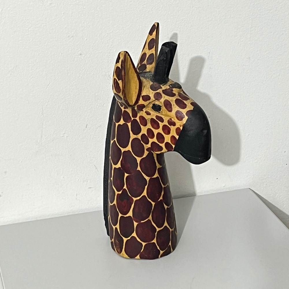 Handmade Giraffe Bust Sculpture Brown Wood Hand Carved Kenya Decor